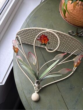 Decorative Metal Wall Shelf with Glass Flower Accents - Cream & Orange